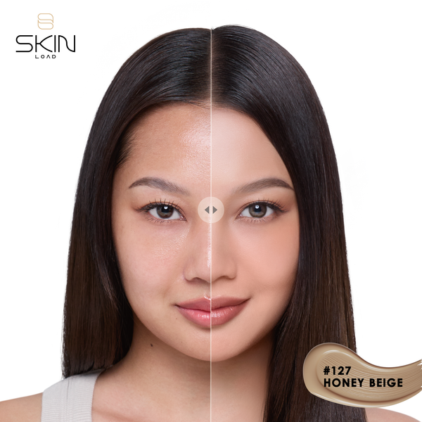 نتيجة قبل وبعد استخدام كريم بي بي سكين لود SPF50+ بدرجة 127 بيج عسلي